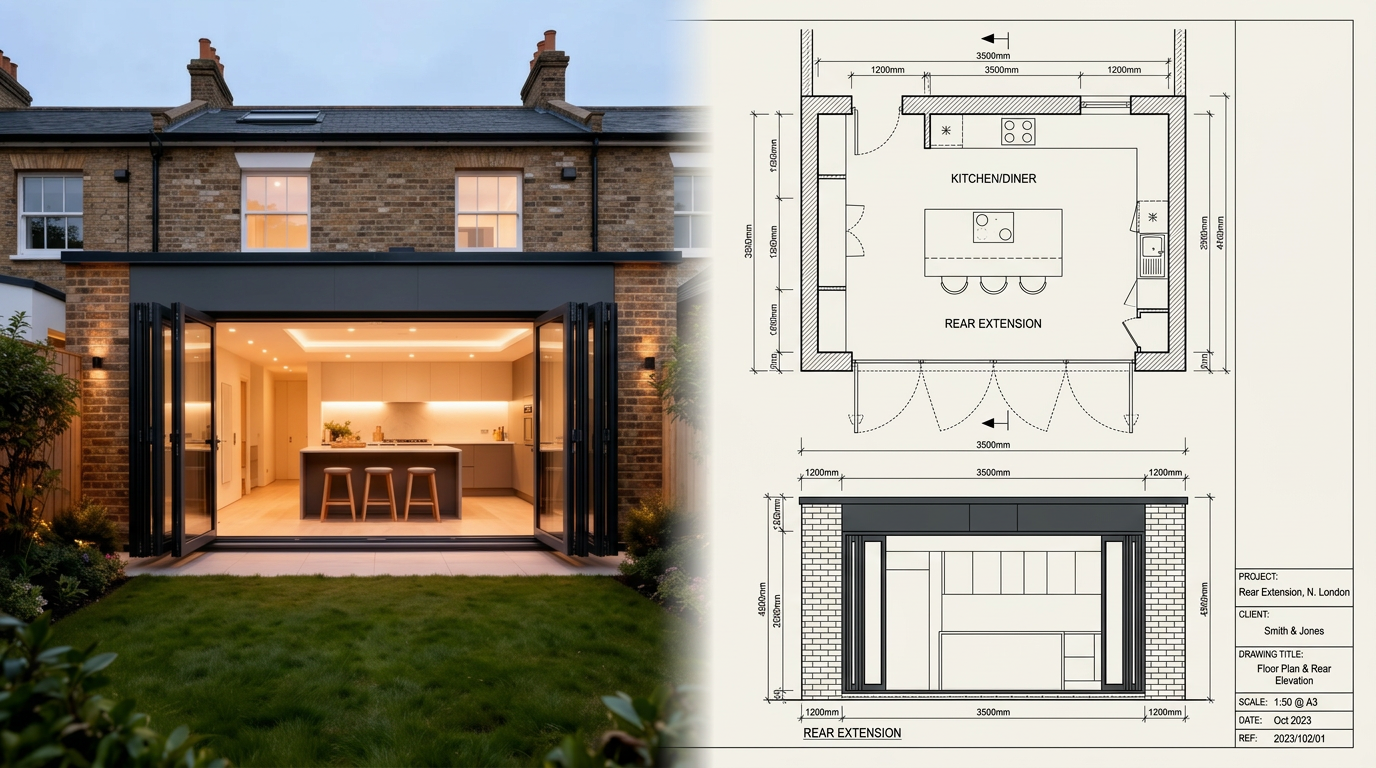 Rear Extension — photo alongside proposed planning drawings