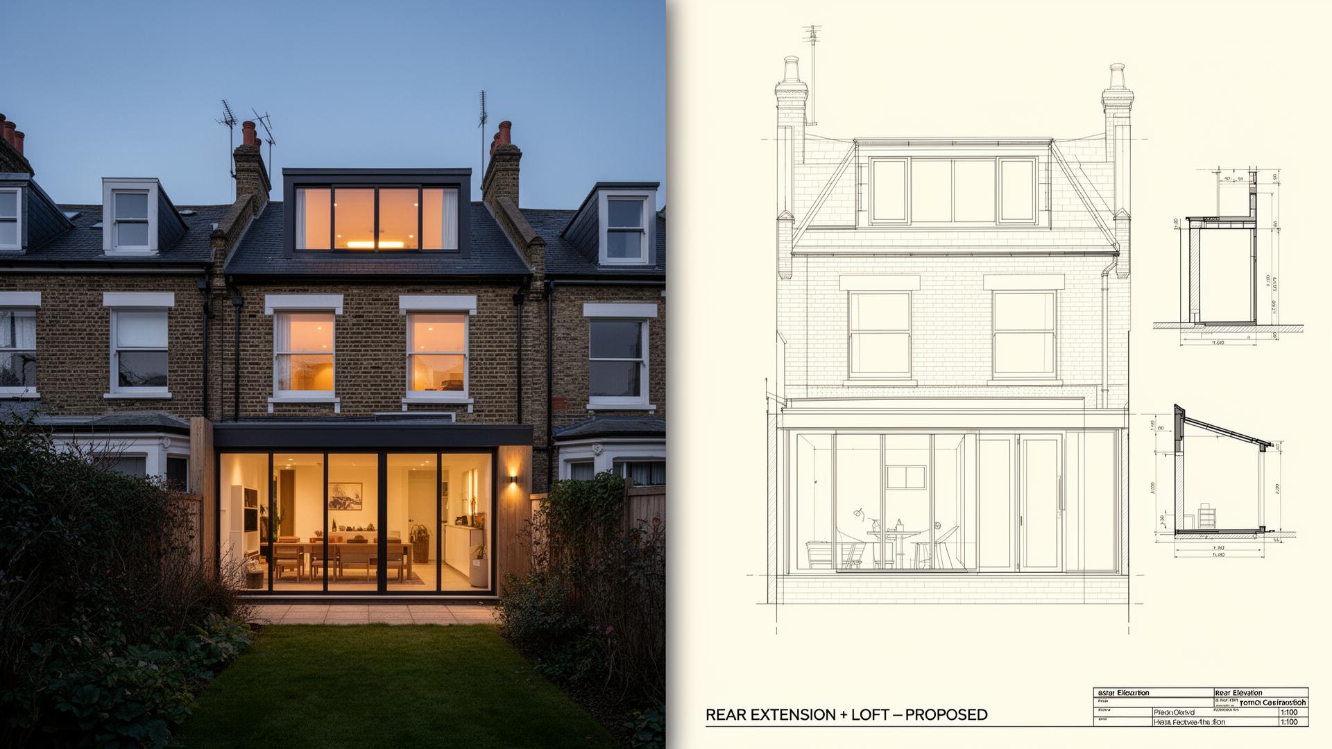 Rear Extension + Loft — photo alongside proposed planning drawings