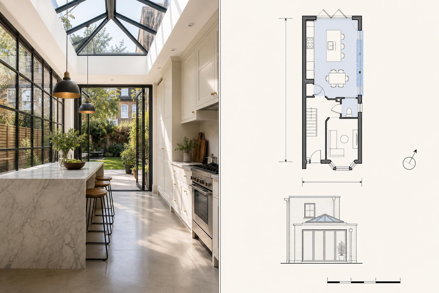 Side Return — photo alongside proposed planning drawings