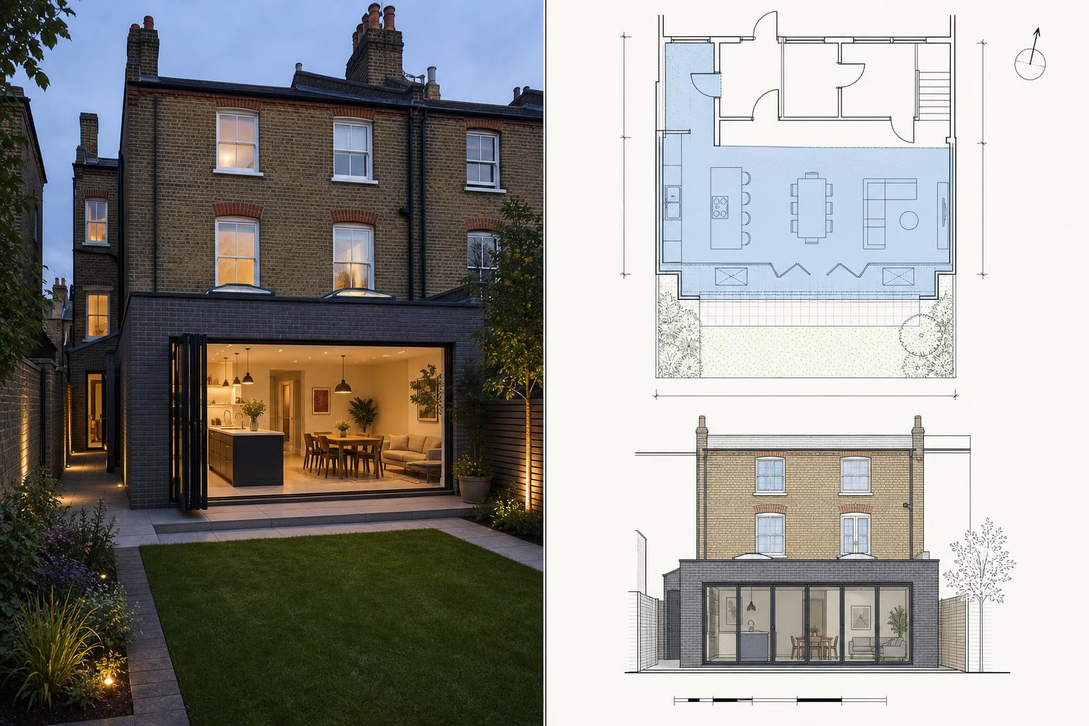 Wrap-Around (Side Return + Rear) — photo alongside proposed planning drawings